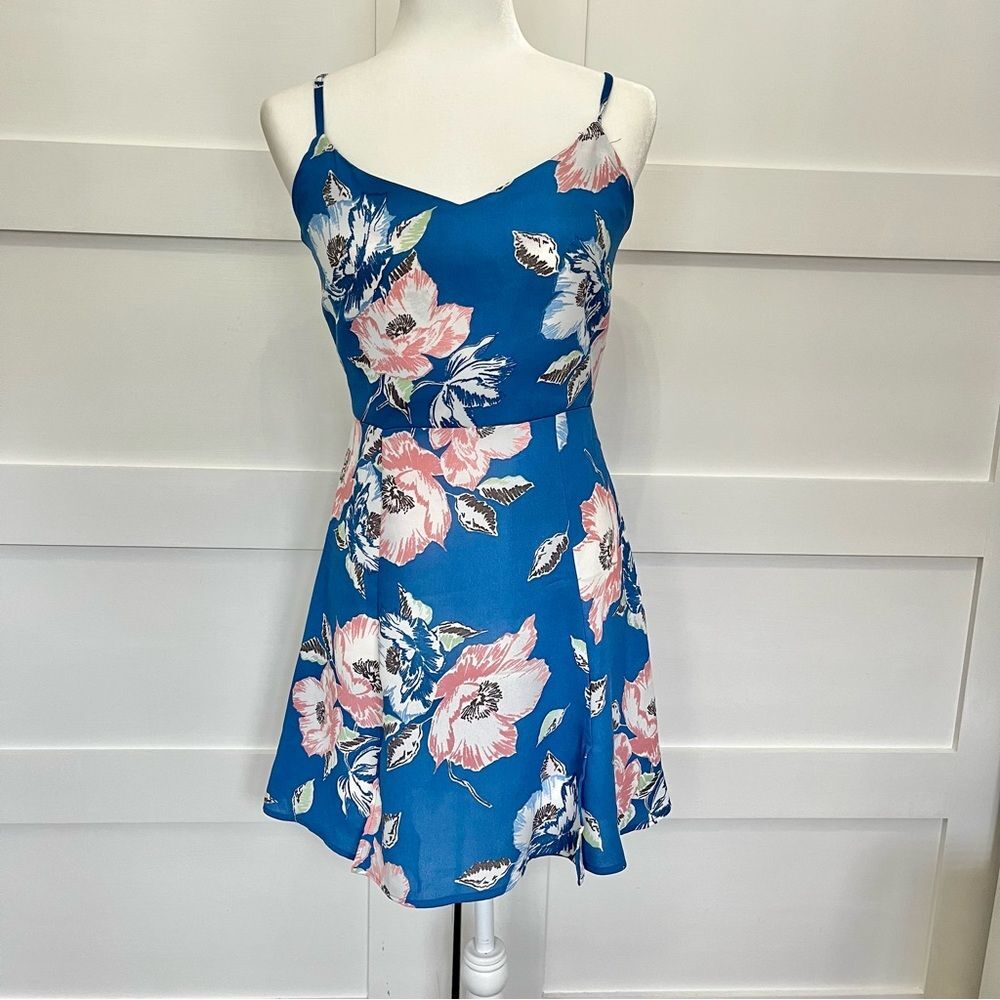 French connection mini dress spaghetti straps floral blue pink size 6